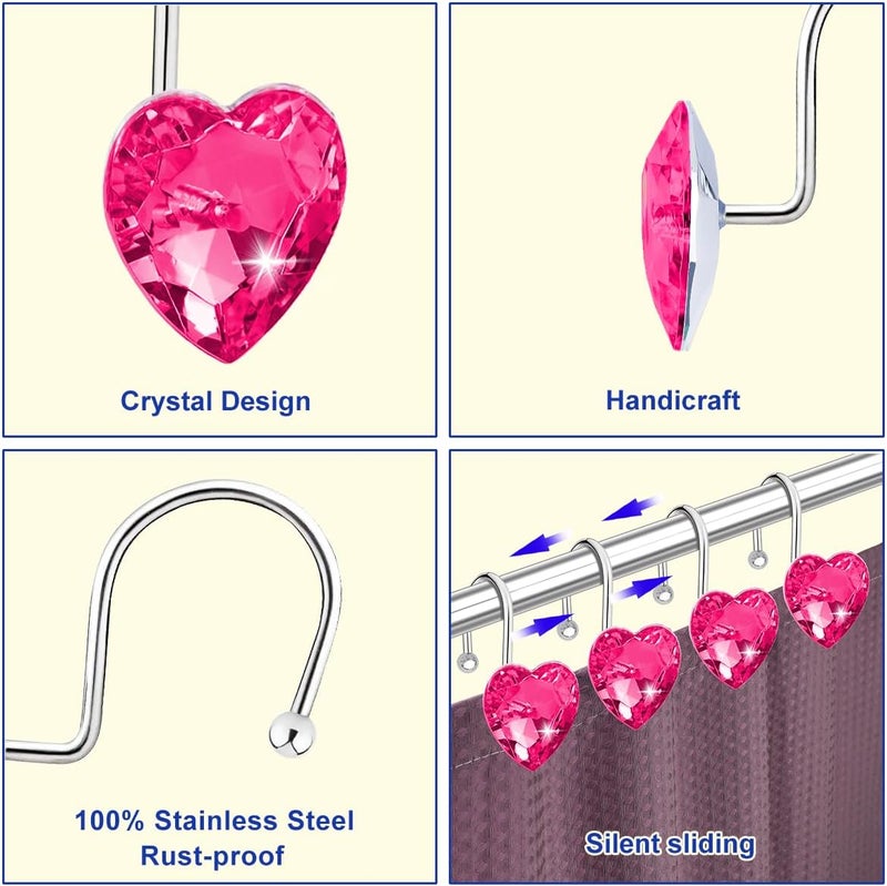 Yapicoco Shower Curtain Hooks Rings for Bathroom, 12PCS Heart Stainless Steel Rust Resistant Decorative Rhinestones Shower Curtain Rings Hangers for Shower Curtains (Single Hook Hot Pink) - Image 3